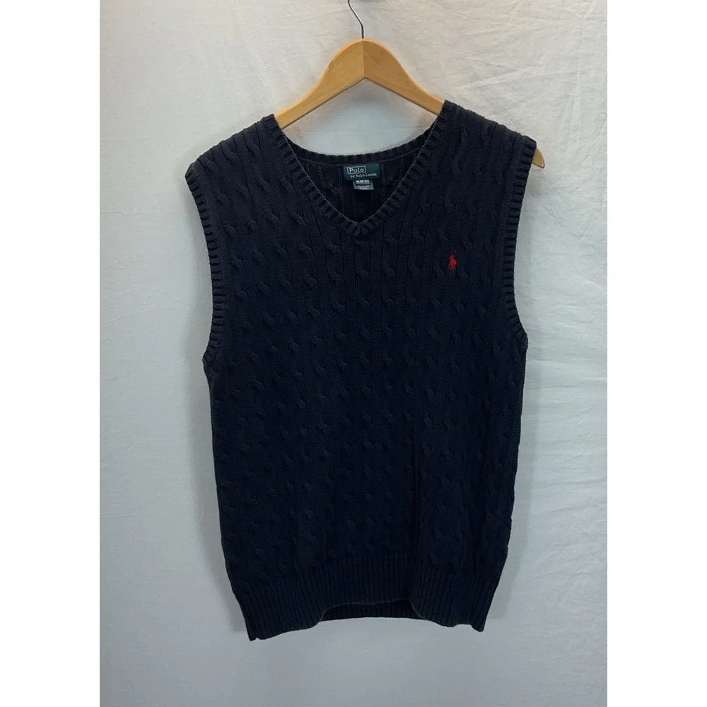 Ralph Lauren Boy's Polo Cable Knit Navy Sweater Vest Cotton Pony Size XL 18-20